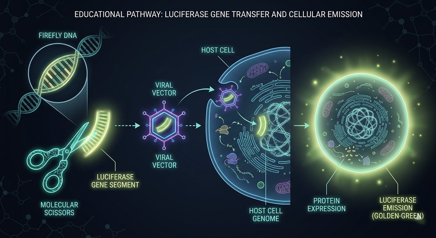 Scientific illustration of the luciferase gene being cut from firefly DNA and inserted into a human cell using a viral vector, causing the cell to glow