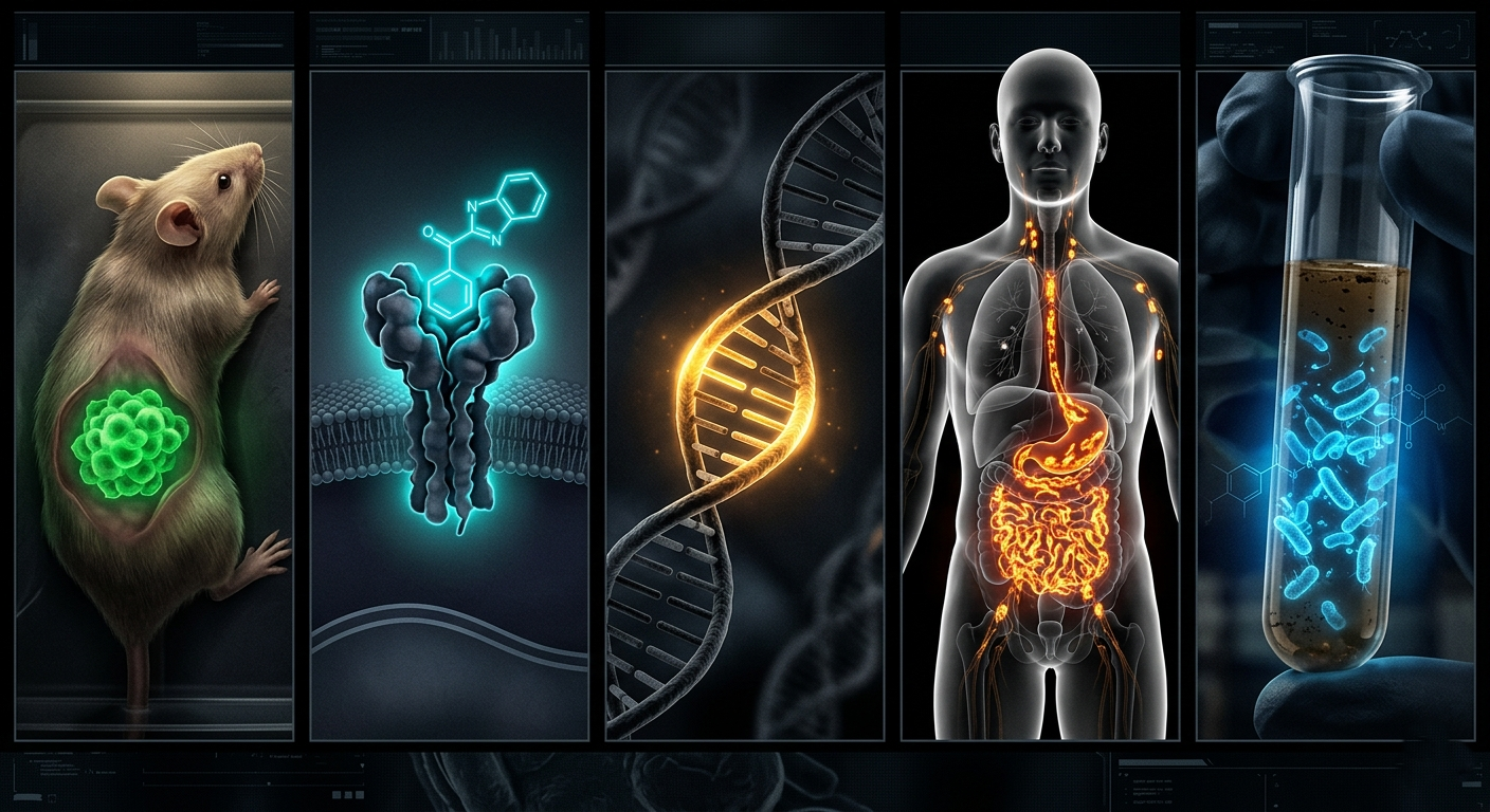 Five-panel montage showing bioluminescence applications: glowing tumour in a mouse, drug binding to a cell, active DNA helix, infection tracking in the human body, and bacteria detecting pollutants in water