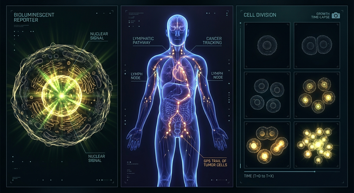 Triptych concept art: a glowing cell emitting light without a microscope, a transparent human body with a glowing GPS trail of cancer cells, and a time-lapse camera view of dividing glowing cells