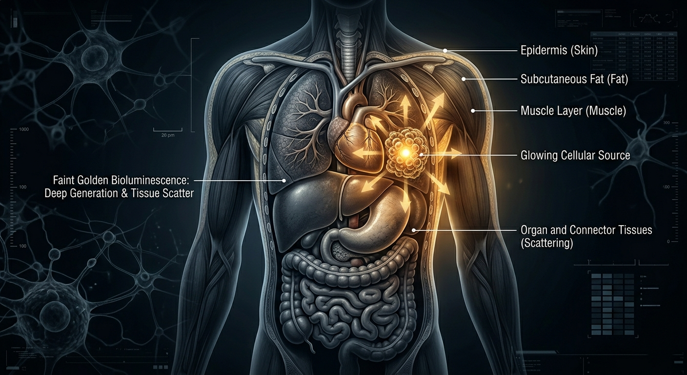 Cross-section diagram of a human torso showing golden bioluminescent light fading and scattering as it tries to pass through layers of skin, fat, muscle and organ tissue