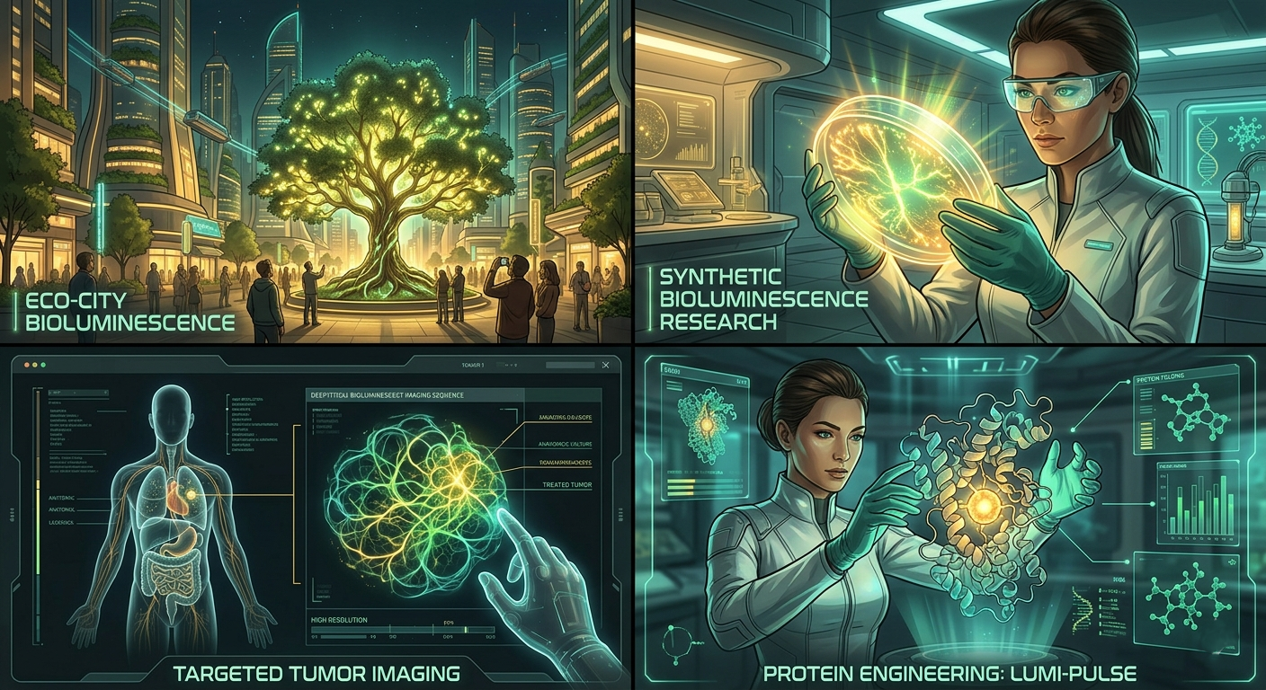 Four-panel futuristic concept art showing glowing trees as street lighting, bioluminescent bacteria spelling CLEAN, deep-tissue cancer imaging, and a scientist engineering new bioluminescent proteins