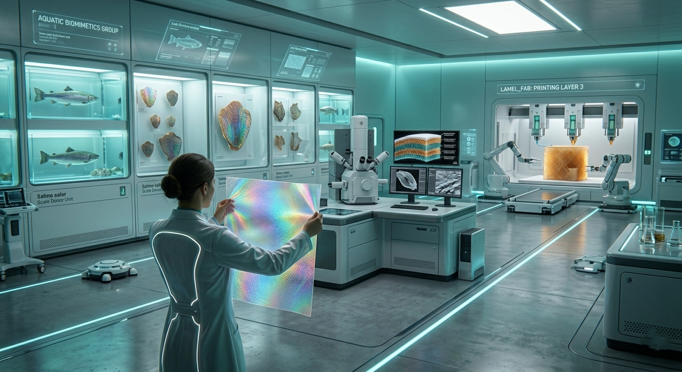Inside a near-future biomimetics laboratory. A researcher holds a flexible, iridescent film derived from fish scale collagen while behind her, electron microscopes analyse scale microstructure and a 3D printer fabricates the next generation of bio-inspired composite materials.