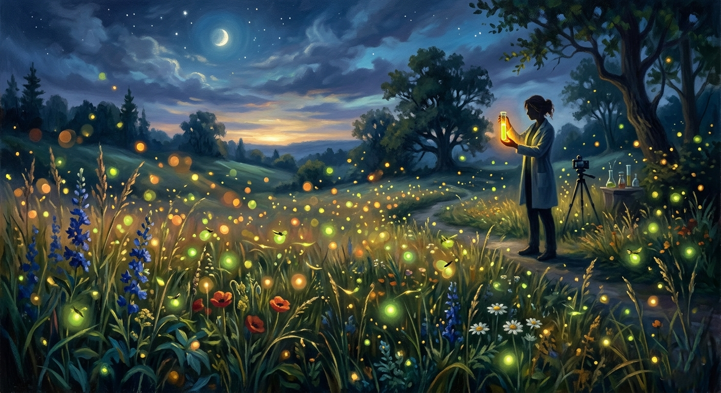 Fireflies (jugnu) light up a summer meadow at dusk — a phenomenon that inspired one of biology's most powerful laboratory tools.