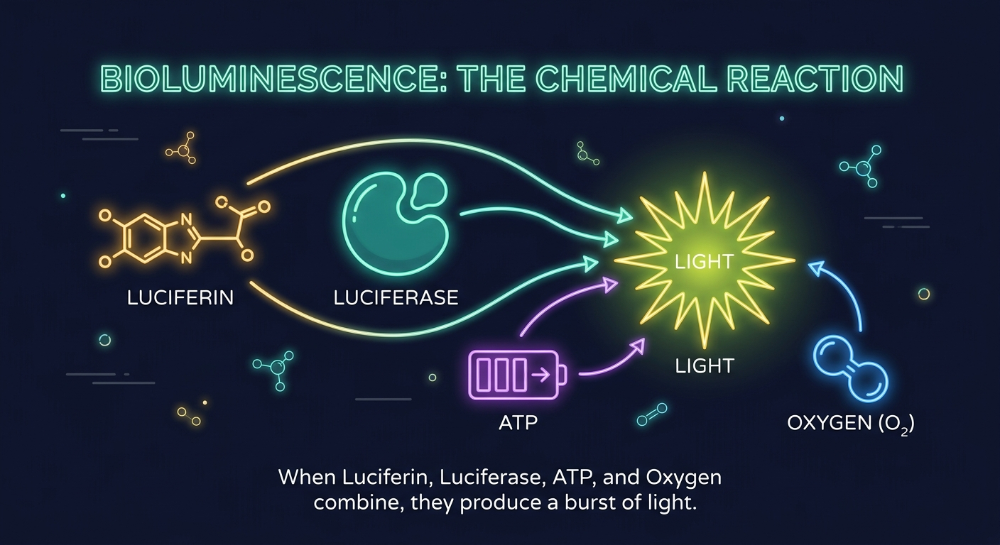 Educational diagram showing the bioluminescence chemical reaction: Luciferin plus Luciferase plus ATP plus Oxygen produces light