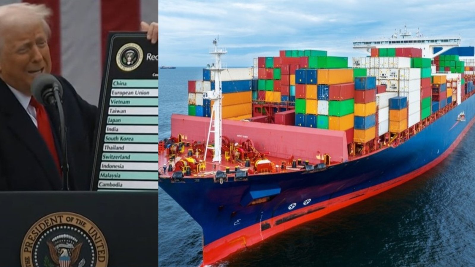 Cargo shipping containers stacked at the Port of Los Angeles with a US Customs and Border Protection officer in the foreground, representing the impact of Trump tariffs on US imports, March 2026